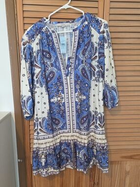 LOFT Blue and Cream Paisley Boho Mini Dress